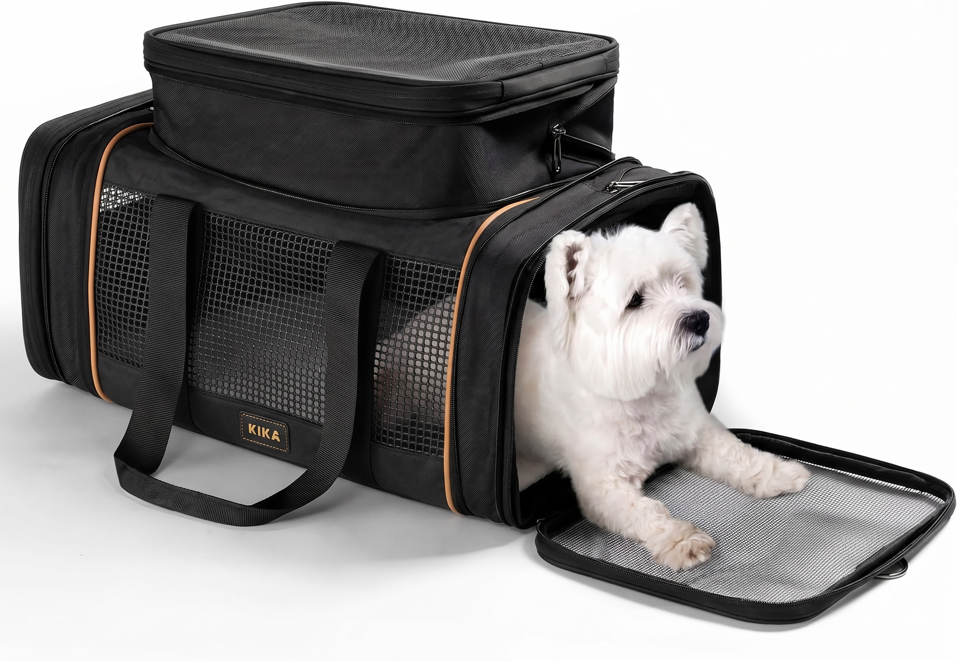 KIKA SkyFlex expandable airline-approved pet carrier with dog inside, top and side mesh panels open