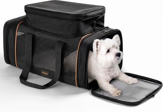 KIKA SkyFlex expandable airline-approved pet carrier with dog inside, top and side mesh panels open