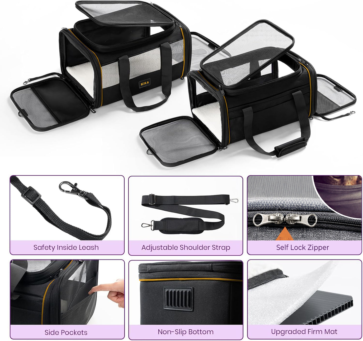 KIKA SkyFlex pet carrier showing expandable top and side compartments with safety leash and adjustable shoulder strap