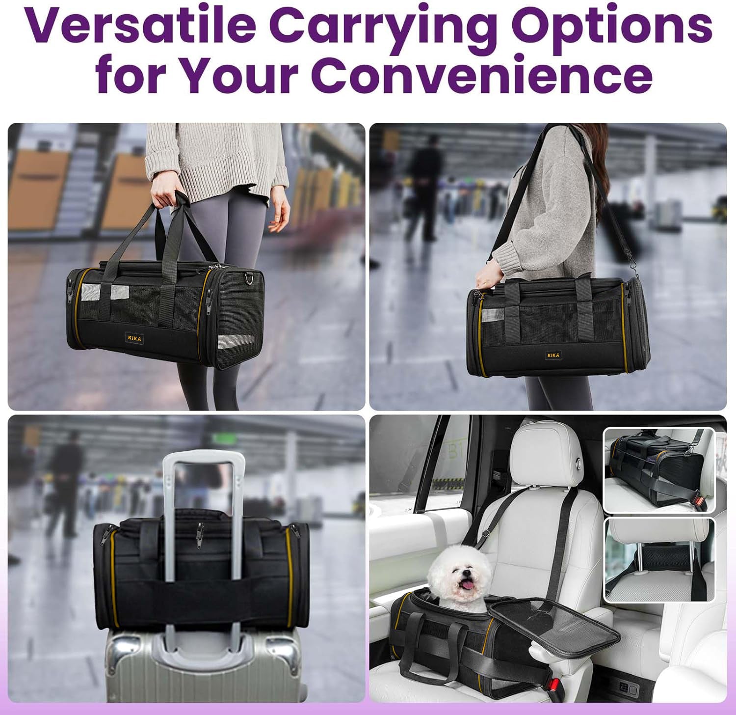 KIKA SkyFlex pet carrier being carried, worn cross-body, wheeled on luggage, and secured in a car back seat with dog
