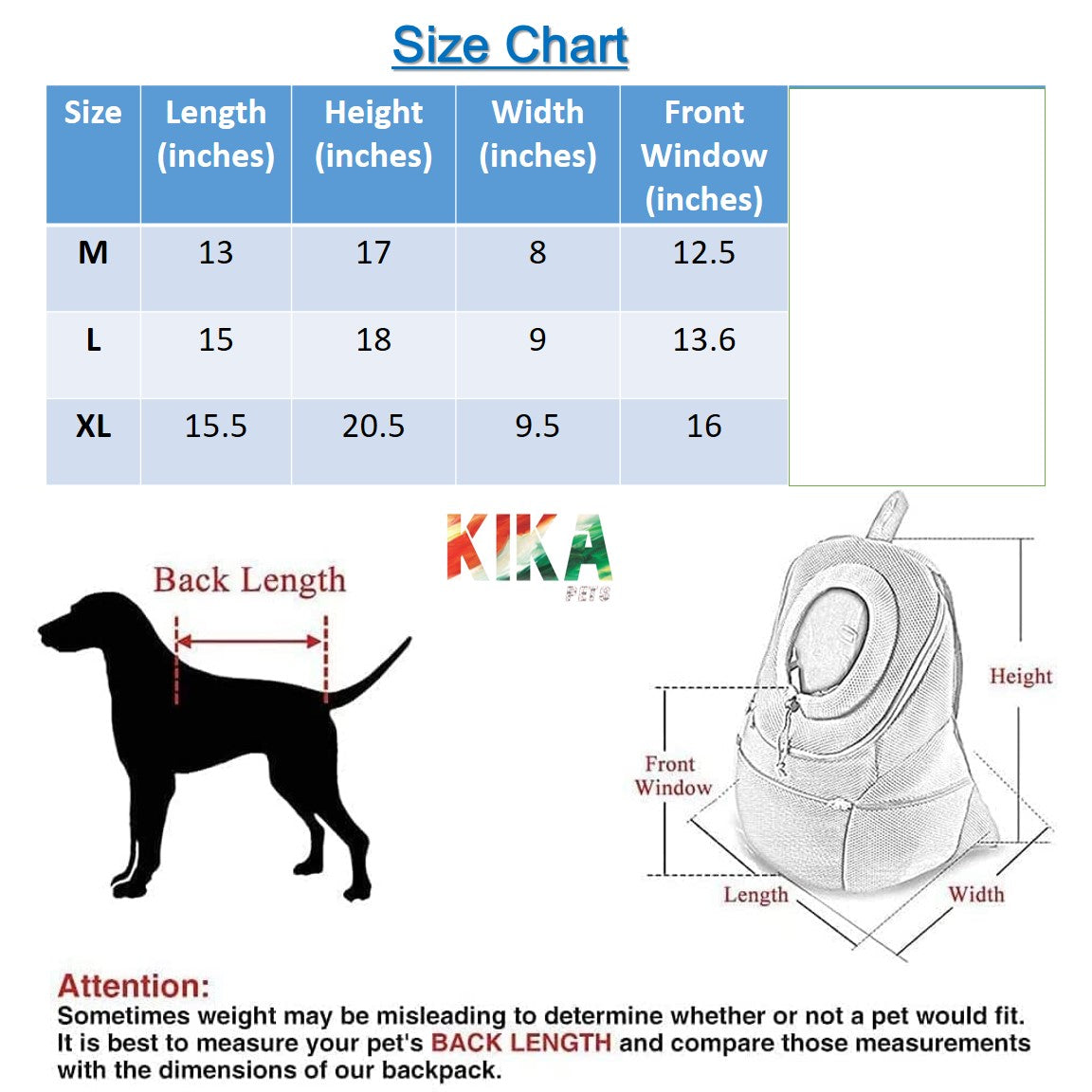 KIKA Pets Head Out Dog Backpack Carrier, size chart - how to select the correct size for your pet dog puppy