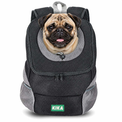 KIKA Pets Head-Out dog backpack carrier, size L, with Pug