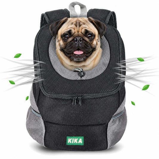 KIKA Pets Head-Out dog backpack carrier, size L, with Pug, breathable mesh sides
