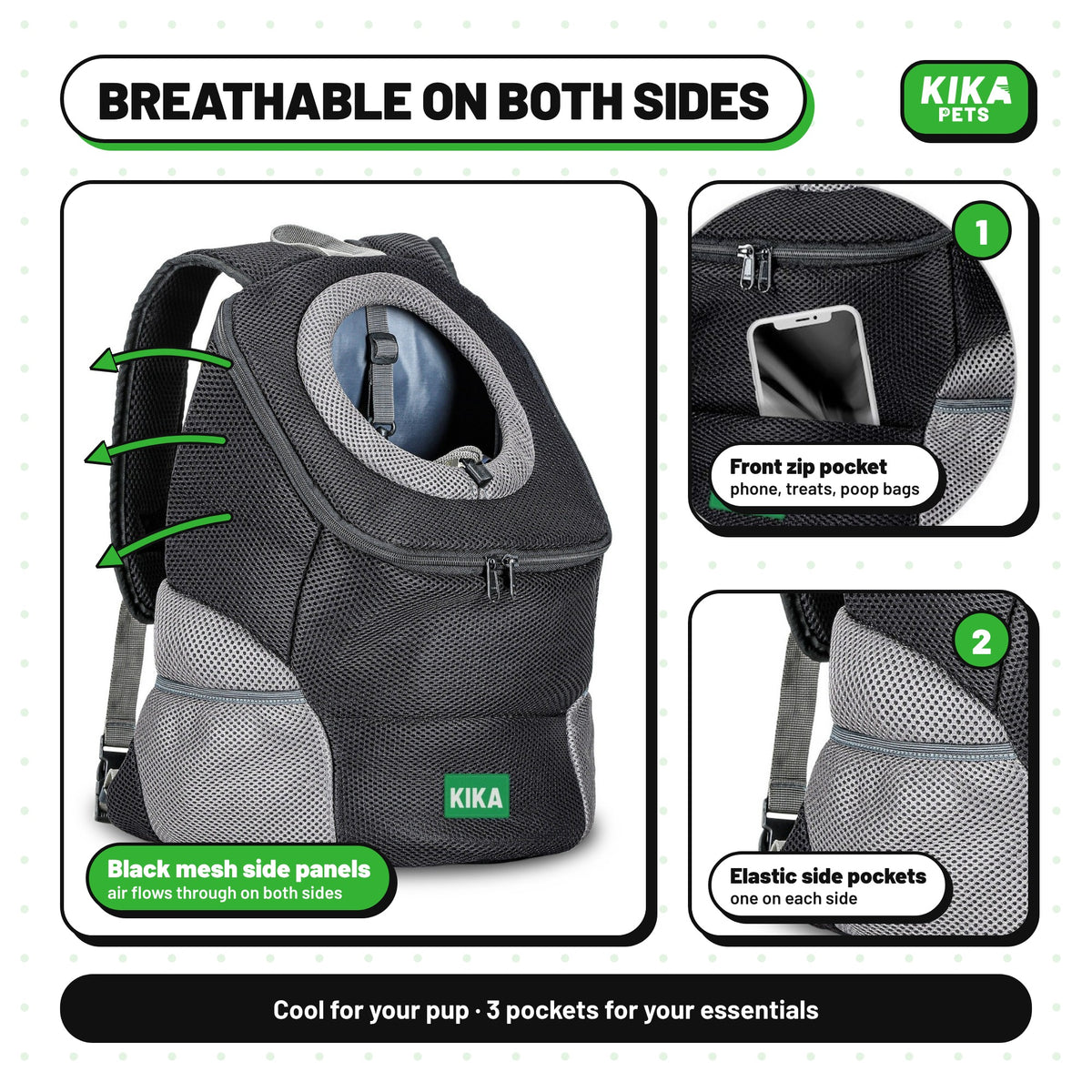 Breathable black mesh on both sides, front zip pocket and two elastic side pockets