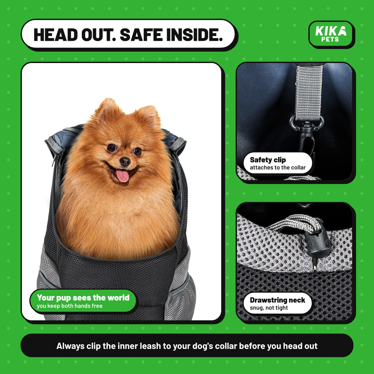Head out, safe inside: inner safety clip and drawstring neck opening