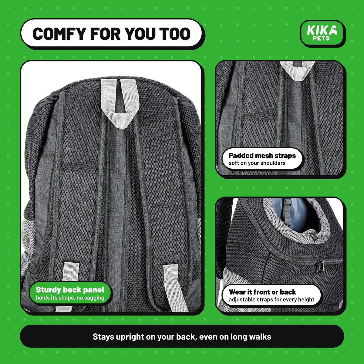Comfy for you too: sturdy back panel and padded mesh shoulder straps