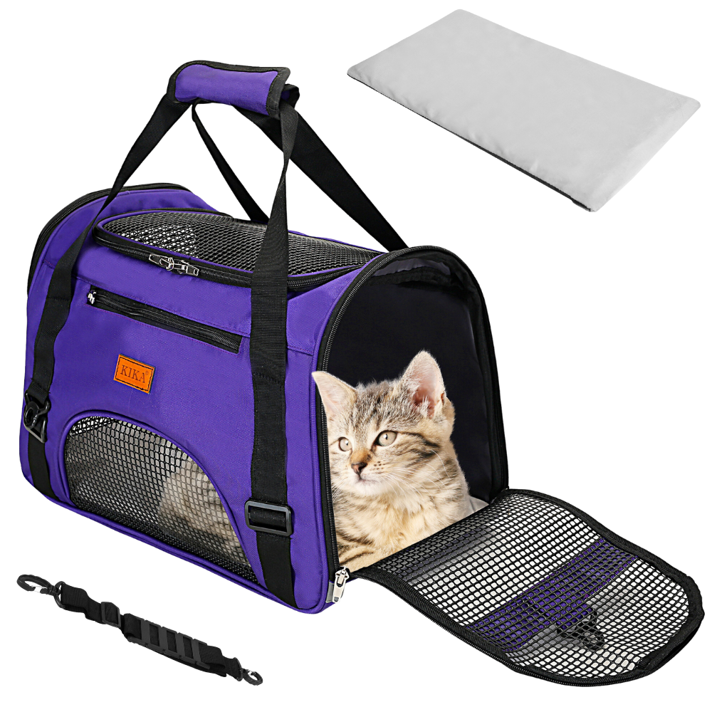 KIKA Pets AIRLINE Cat Carrier Bag, violet color with cozy fleece bed and shoulder straps