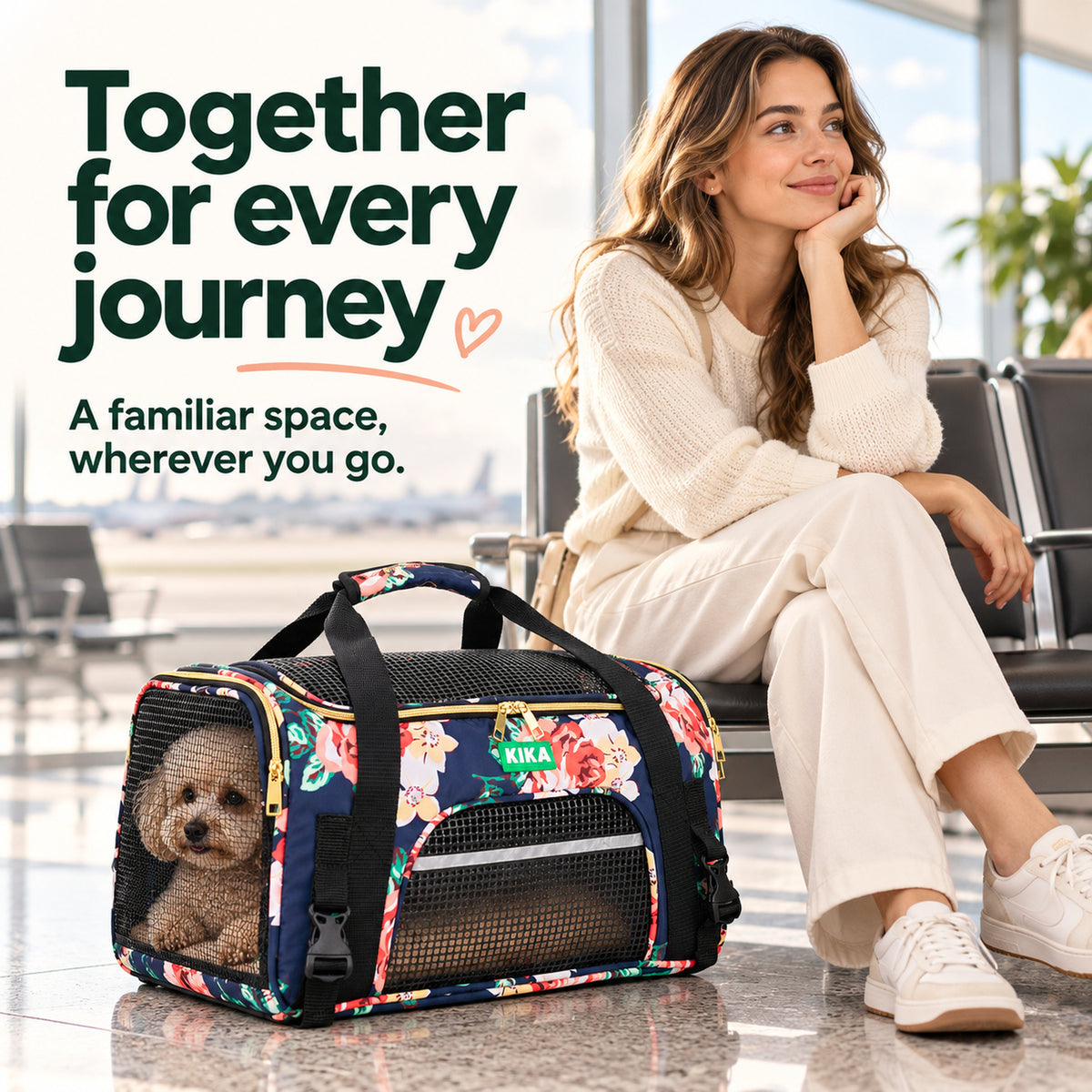 AeroNest MPro French Peony poodle inside closed carrier beside owner at airport kika pets