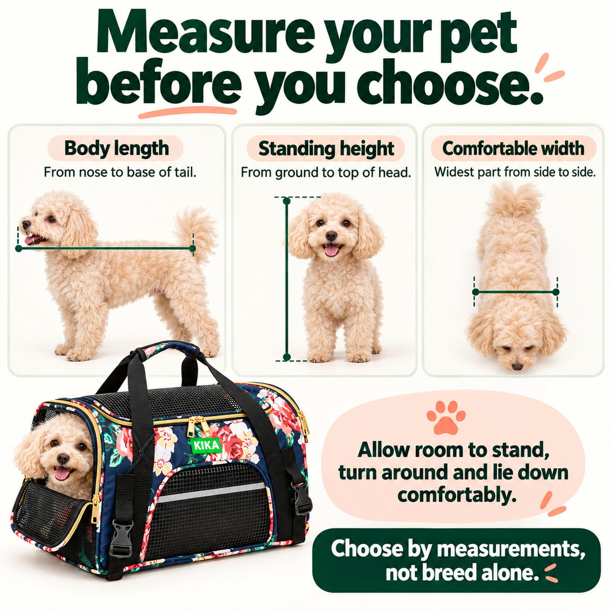 AeroNest MPro French Peony pet length height and width measurement guide kika pets