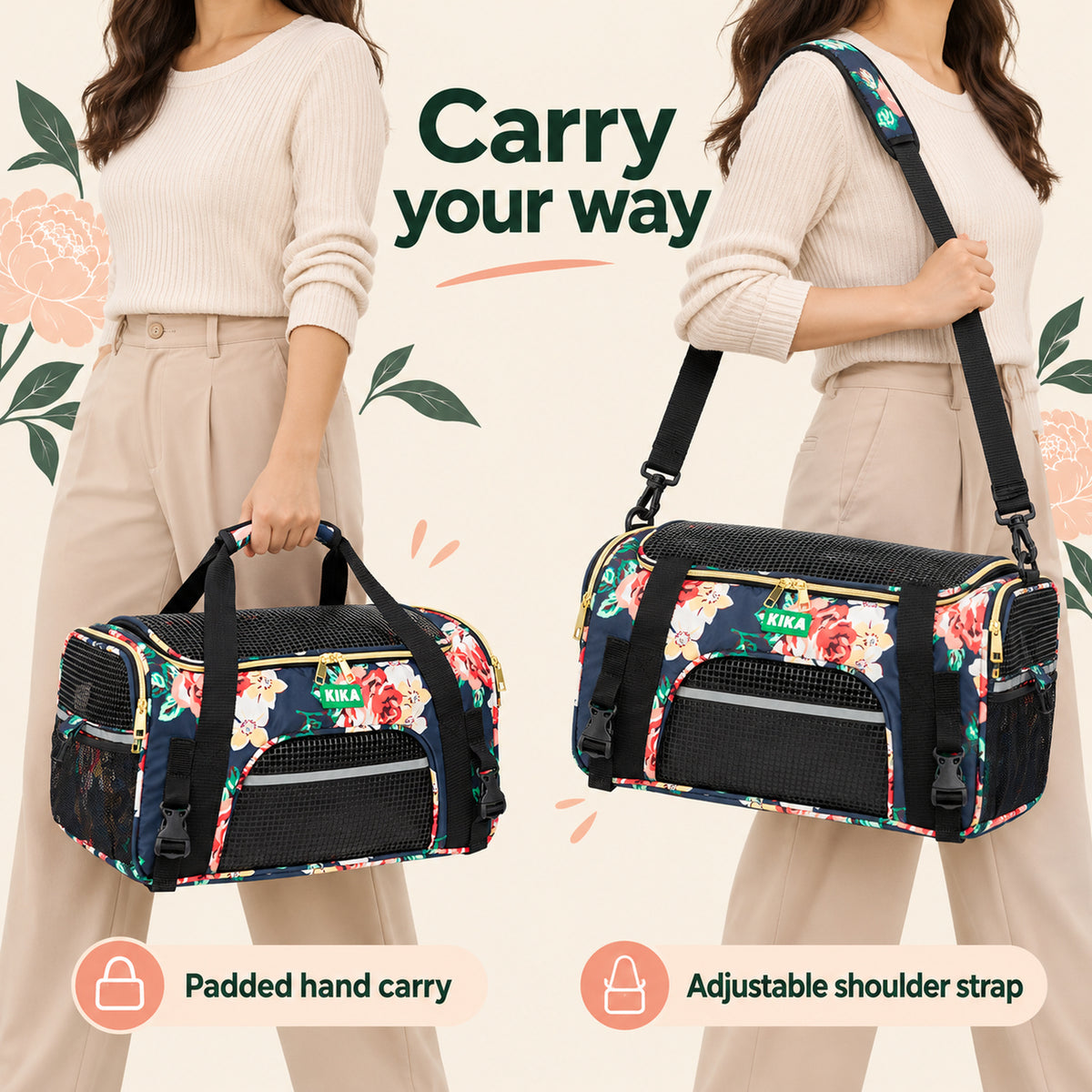 AeroNest MPro French Peony short padded handles and adjustable shoulder carry kika pets