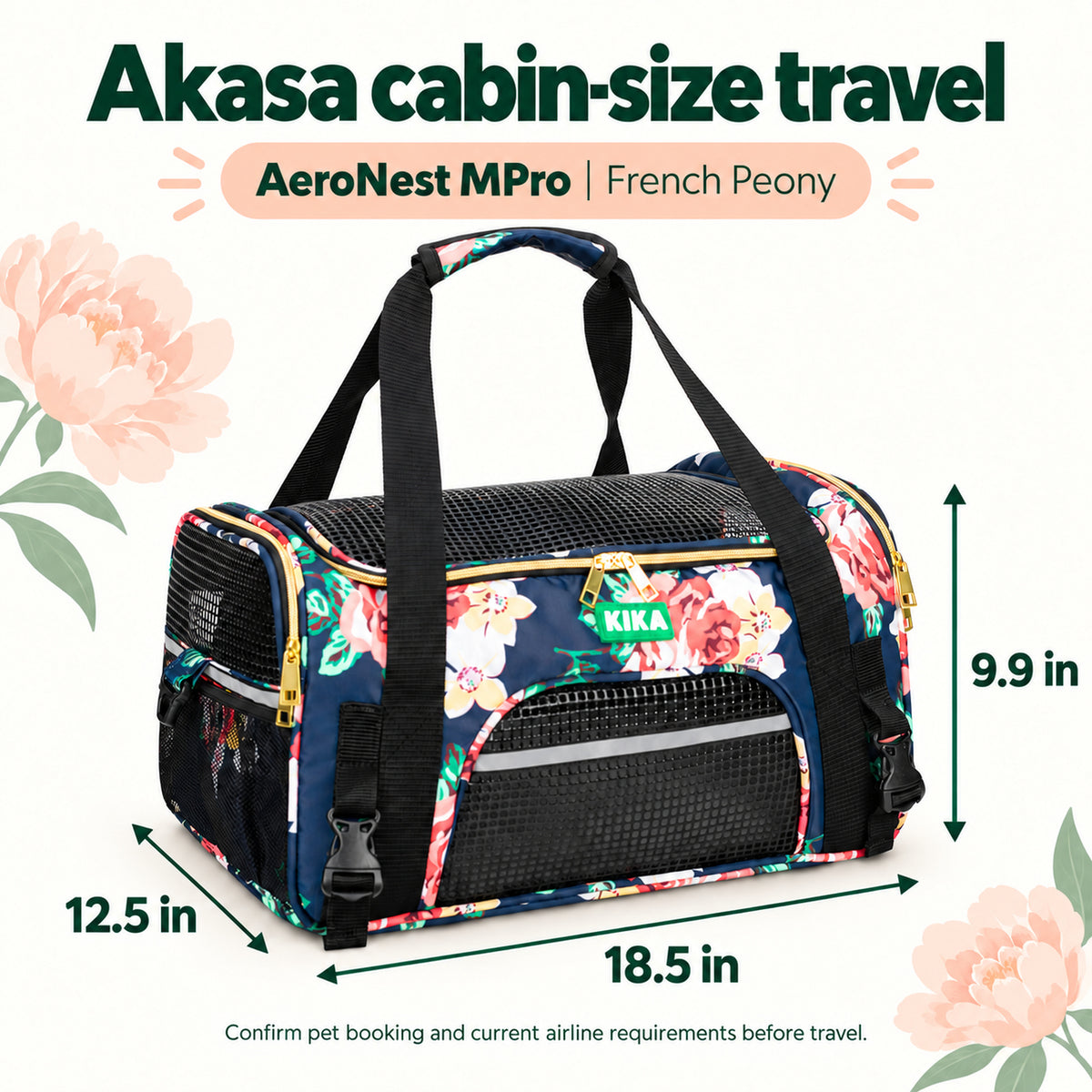 AeroNest M Pro French Peony pet carrier dimensions, fits Akasa cabin size limits