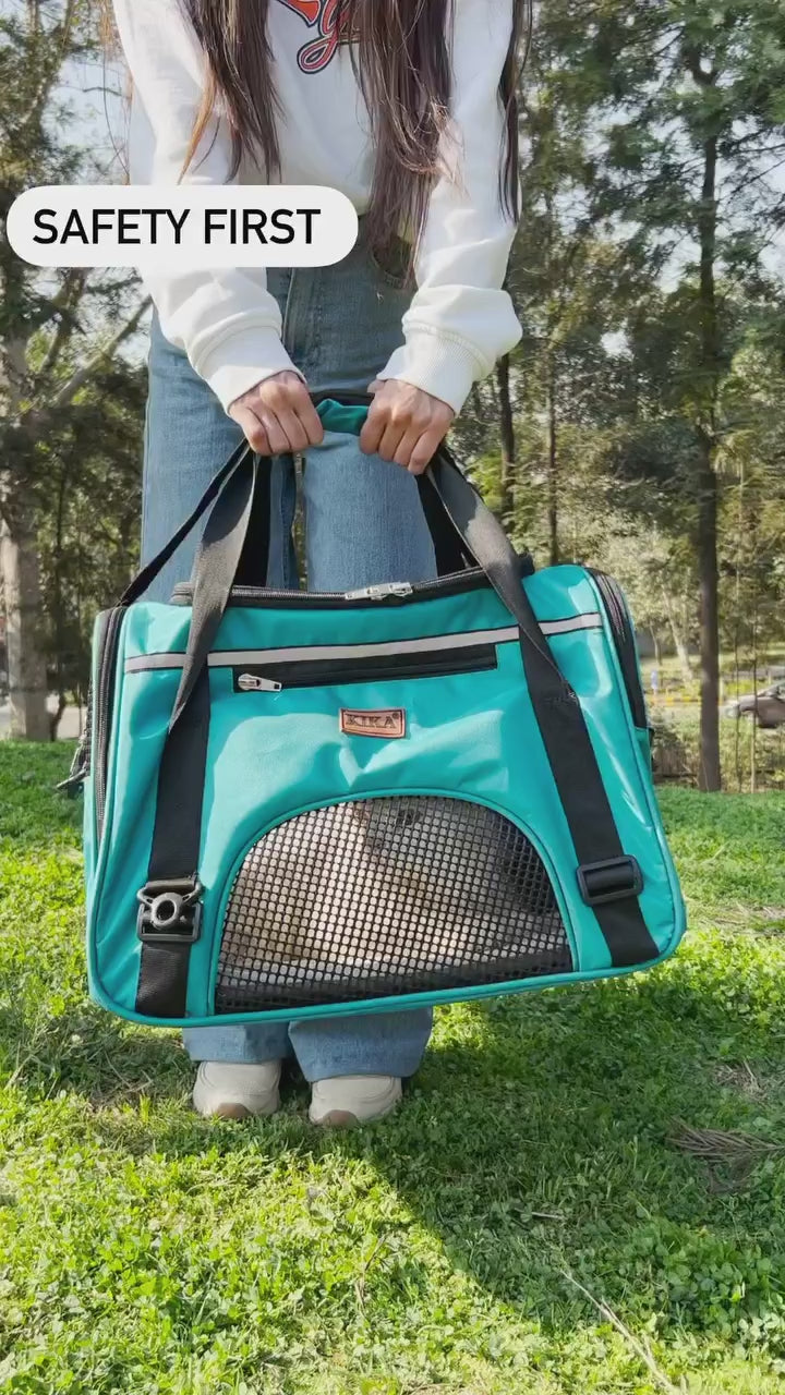 KIKA Pets AIRLINE Cat Carrier Bag, video showing anti glide zippers - pet can not open zipper from inside thereby preventing any accident