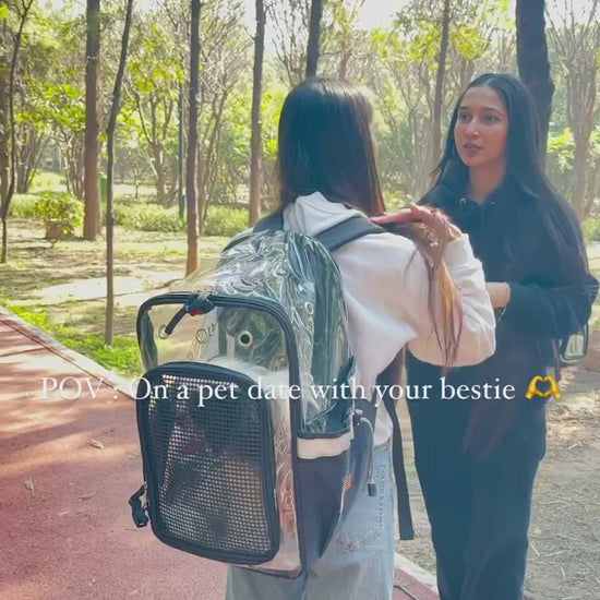 KIKA Pets CLEAR dog cat backpack carrier, on a pet date with your best friend in a park