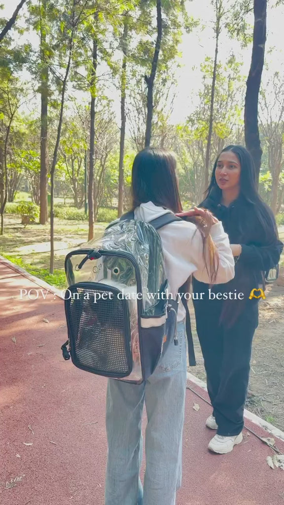 KIKA Pets CLEAR dog cat backpack carrier, on a pet date with your best friend in a park