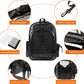 KIKA Pets CLEAR dog cat backpack carrier bag showing all the features of the bag, namely anti-sliding zippers, built-in safety rope, reflective strip for night safety, adjustable storage pocket, durable transparent material, comfortable cozy and mushy bottom pad which is also machine washable