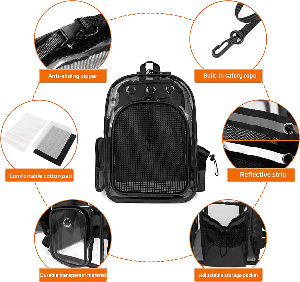 KIKA Pets CLEAR dog cat backpack carrier bag showing all the features of the bag, namely anti-sliding zippers, built-in safety rope, reflective strip for night safety, adjustable storage pocket, durable transparent material, comfortable cozy and mushy bottom pad which is also machine washable