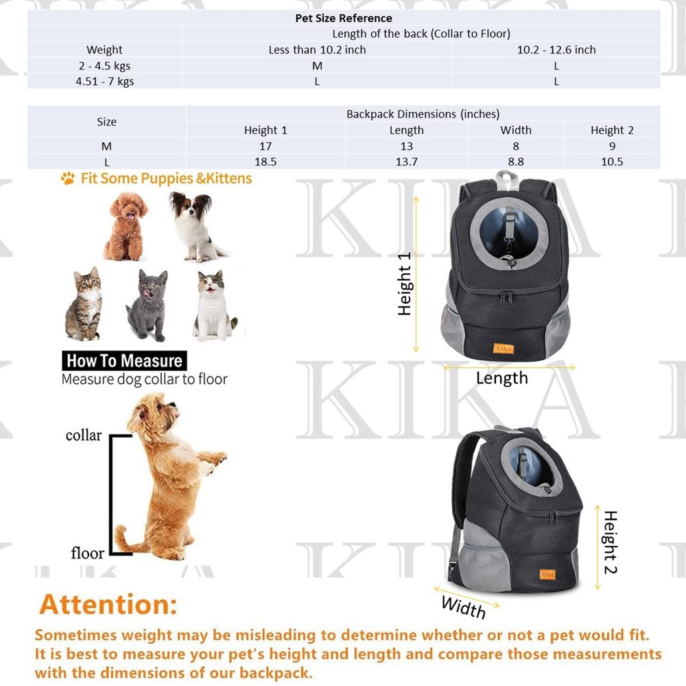 KIKA Pets Head Out Dog Backpack Carrier size chart 