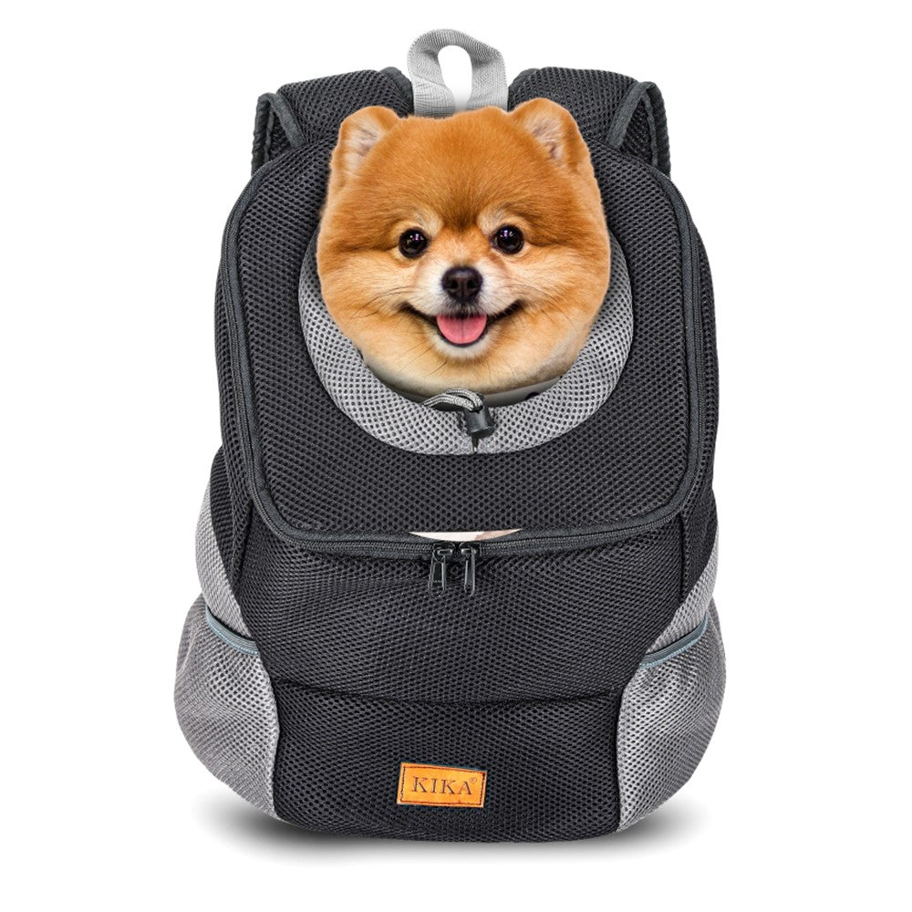KIKA Pets Head Out Dog Backpack Carrier, front angle with dog inside